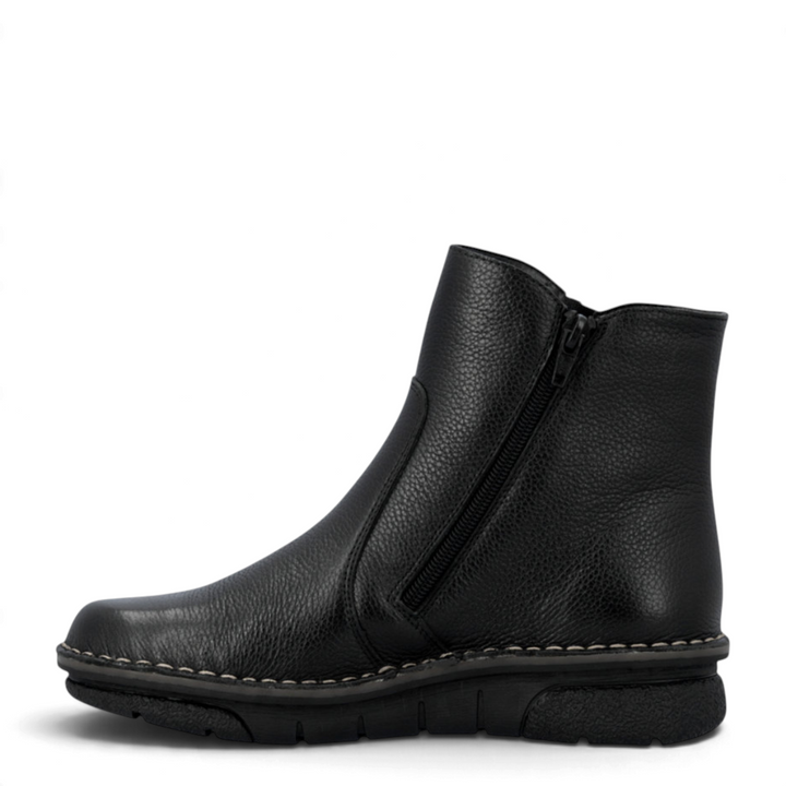 ada-shoes.ro Rieker black casual ankle boots with side zipper, textured faux leather, and flexible antistress sole