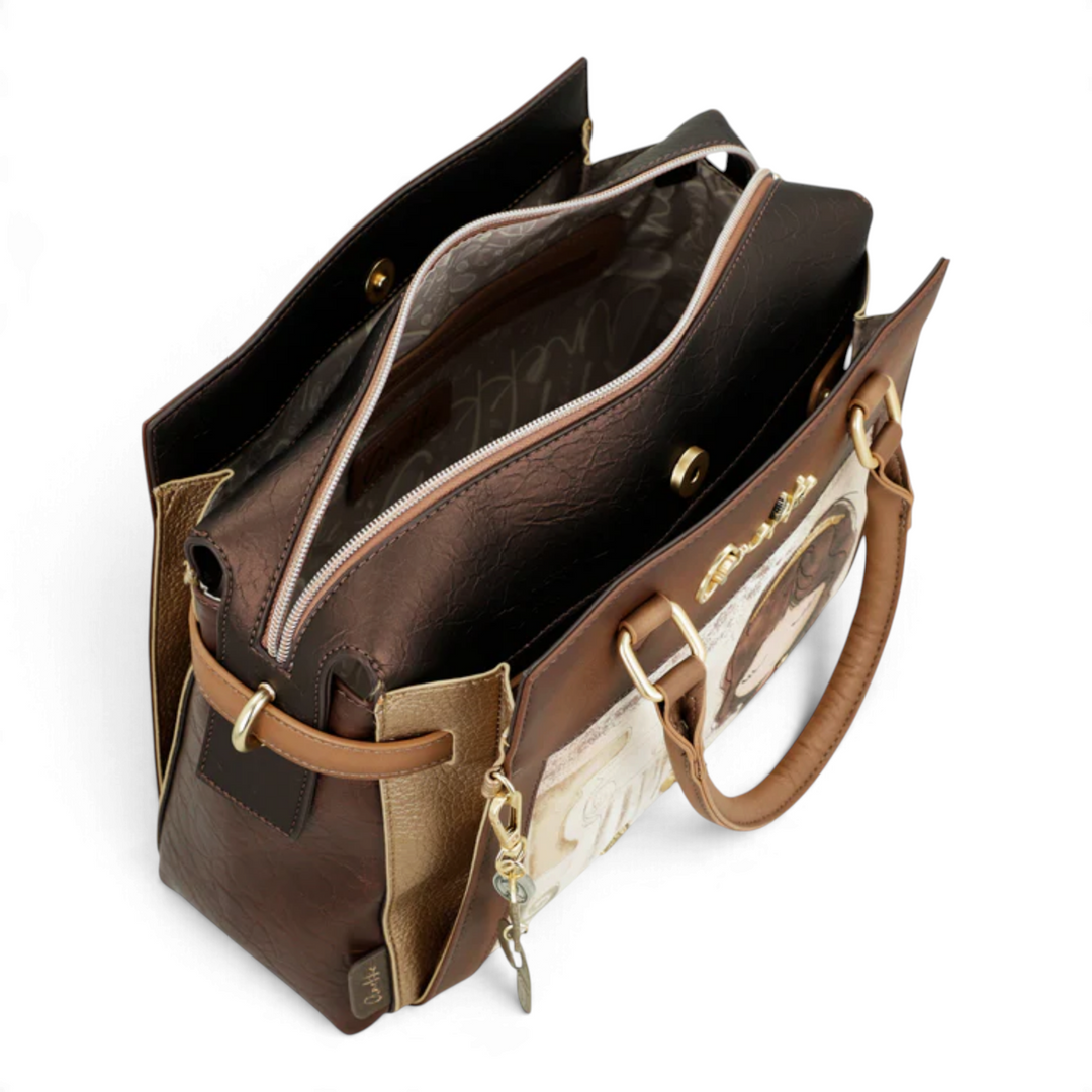 ada-shoes.ro Anekke handbag in brown and metallic tones with artistic illustration, top zipper, and dual handles.