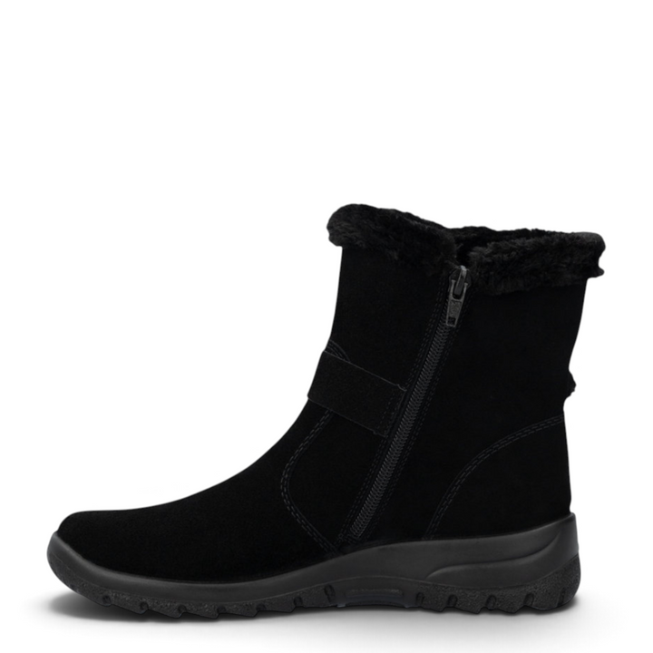ada-shoes.ro black suede winter boots with faux fur collar, side zipper, and decorative buckle for women