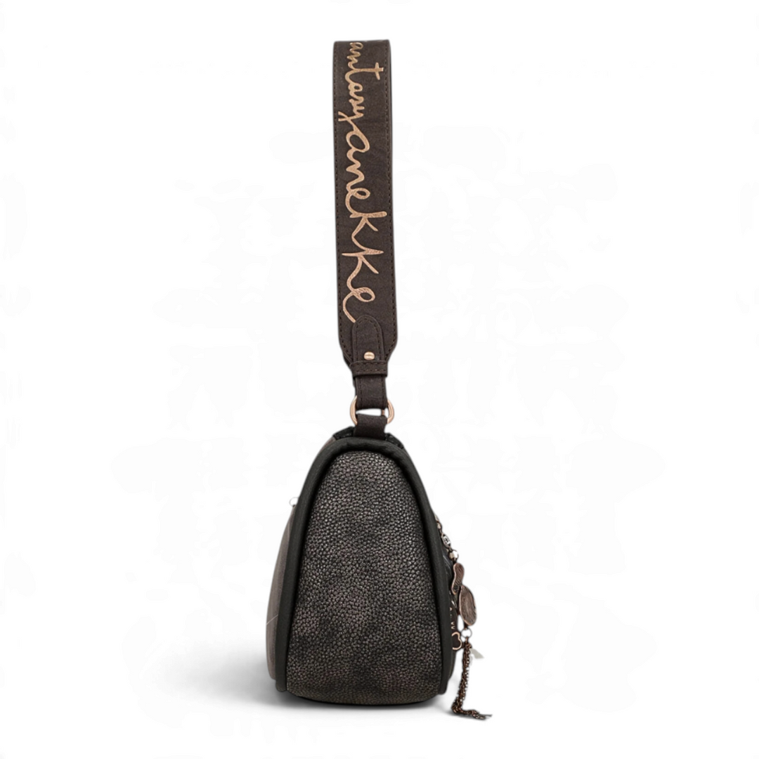 Side view of an ada-shoes.ro Anekke Dreamverse shoulder bag in metallic brown with a branded embroidered strap