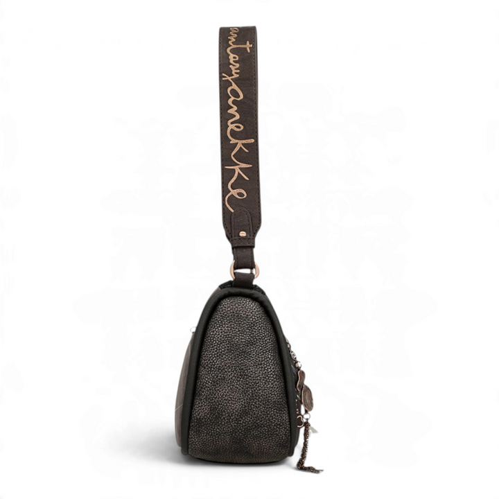 Side view of an ada-shoes.ro Anekke Dreamverse shoulder bag in metallic brown with a branded embroidered strap
