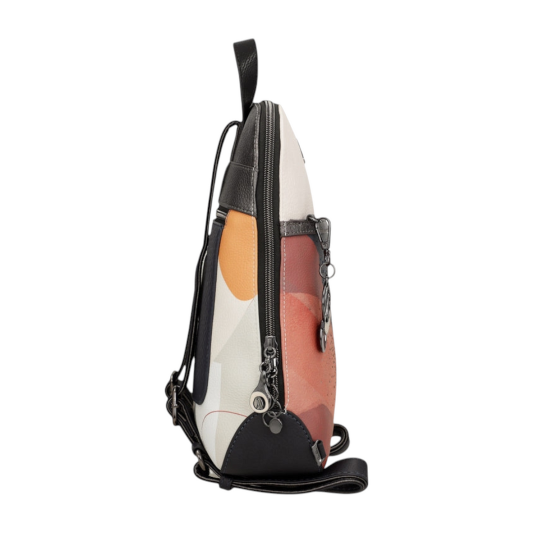 ada-shoes.ro Anekke casual backpack in brown and multi-colored faux leather with a side view and zipper closure