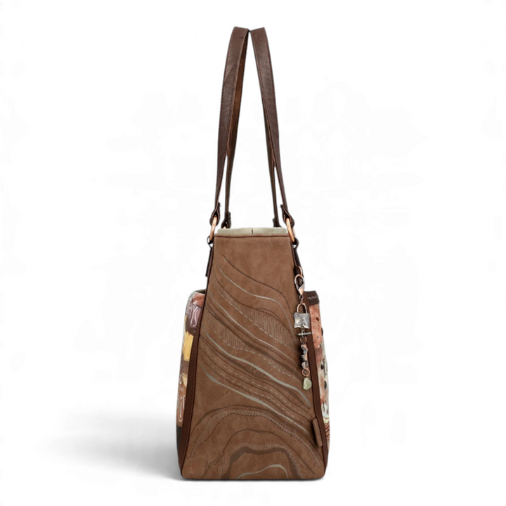 ada-shoes.ro Anekke shopper bag in brown faux leather with velvet texture, geological embroidery, and mineral charm.