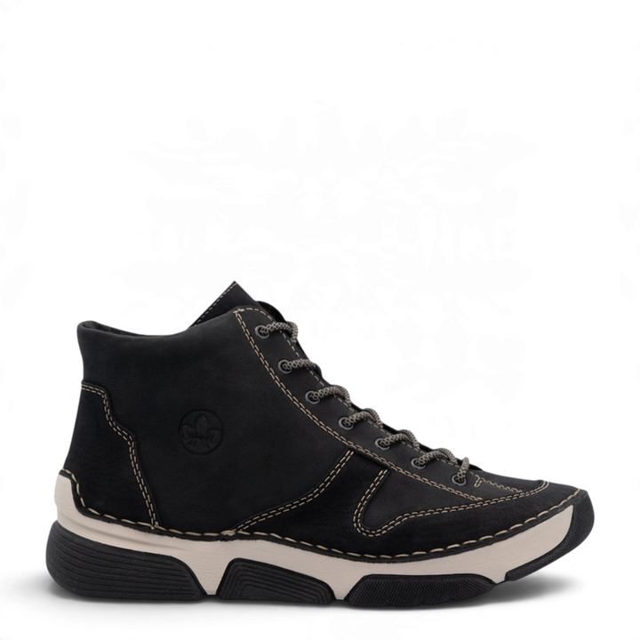 ada-shoes.ro Rieker black nubuck leather casual ankle boots with cream contrast stitching and flexible bicolor sole