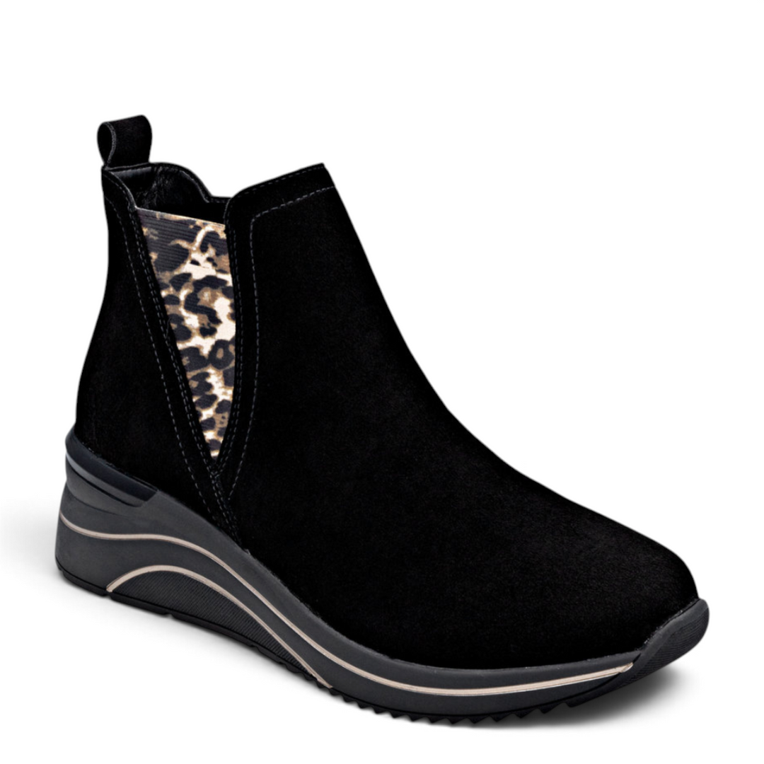 ada-shoes.ro Remonte black suede sneaker boots with leopard print elastic side panel and sporty platform sole