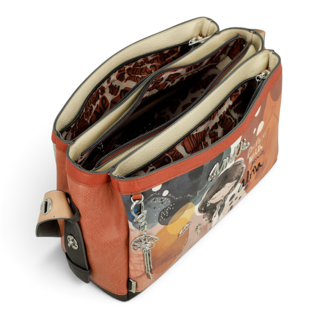 ada-shoes.ro Anekke Alma shoulder bag in terracotta and beige faux leather with three zippered compartments