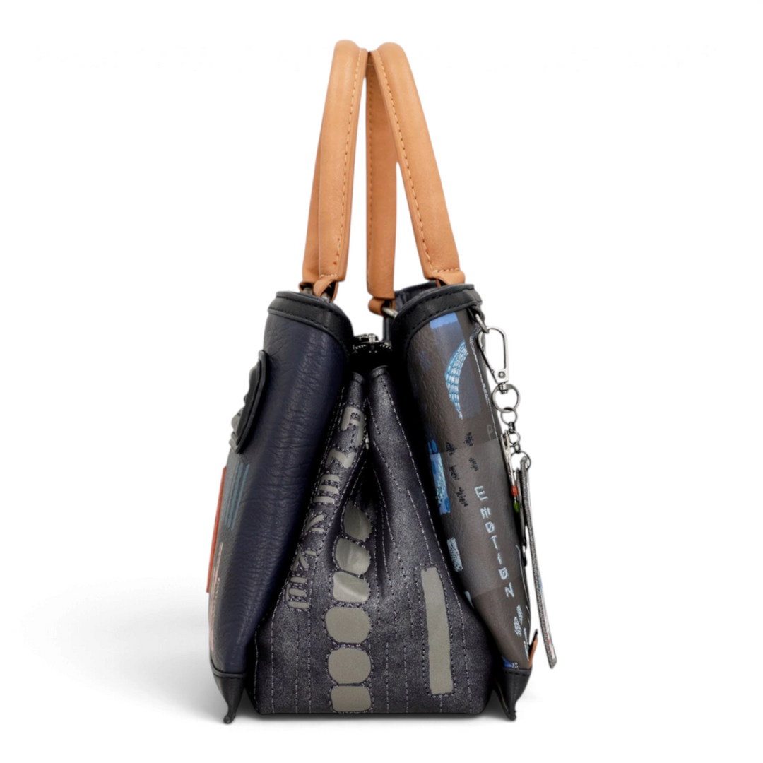 ada-shoes.ro Anekke Hollywood handbag with camel handles, side view showing multi-compartment design and metal charm