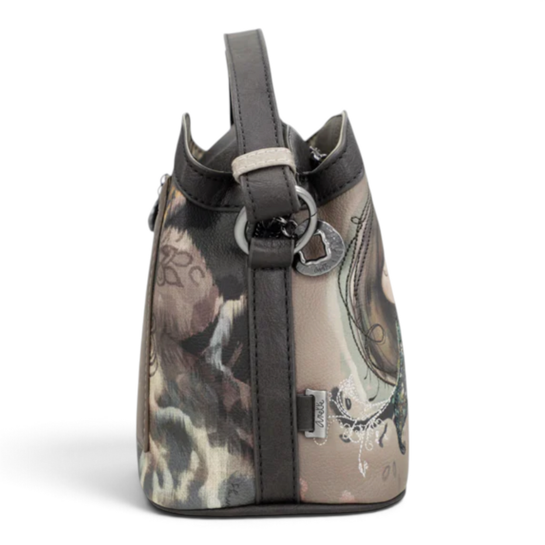 ada-shoes.ro Anekke Dreamverse crossbody bag in taupe and brown faux leather with artistic print and metal charm