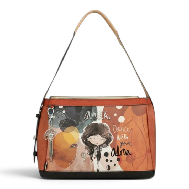ada-shoes.ro Anekke Alma shoulder bag in terracotta and beige faux leather with artistic print and metal tassel charm