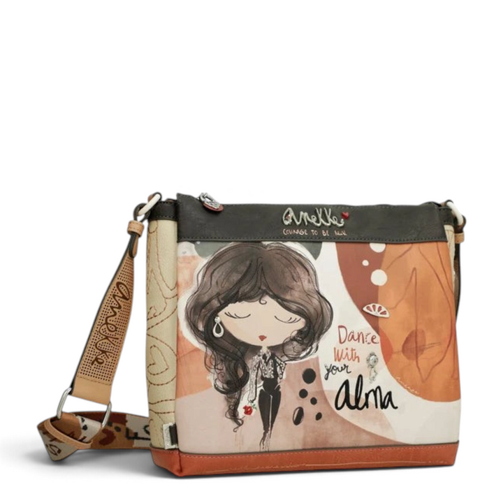 ada-shoes.ro Anekke crossbody bag in terracotta and beige faux leather with artistic illustration and wide strap