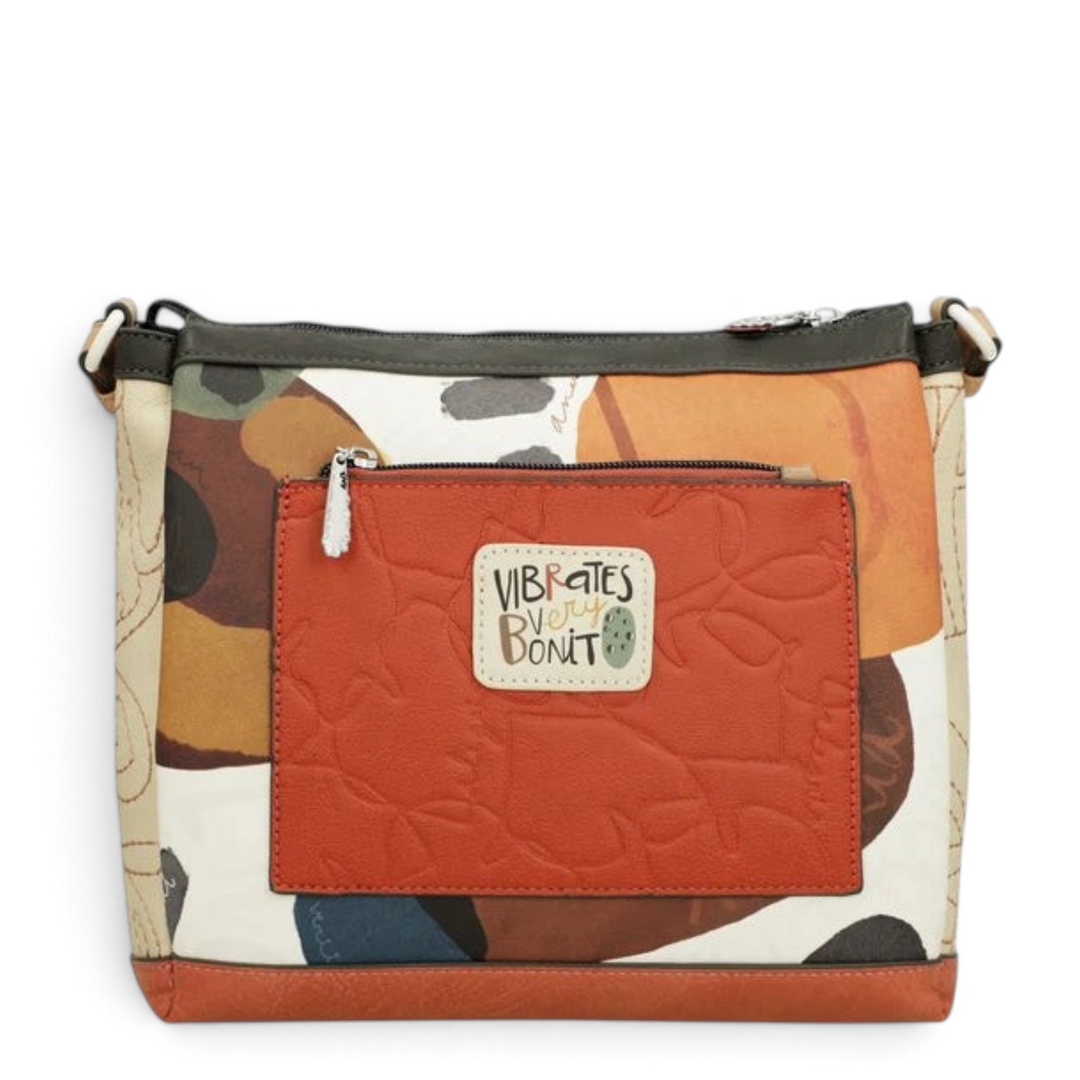 ada-shoes.ro Anekke crossbody bag in terracotta and beige faux leather with decorative stitching and front pocket