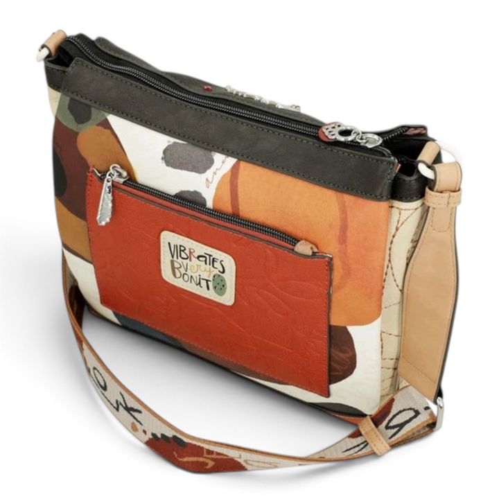 ada-shoes.ro Anekke Alma crossbody bag in terracotta and brown faux leather with decorative embroidery and zip pockets