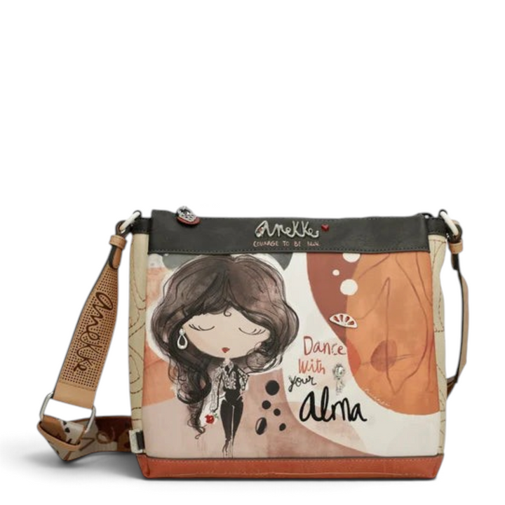 ada-shoes.ro Anekke Alma crossbody bag in terracotta and beige with illustrated character and embroidered strap