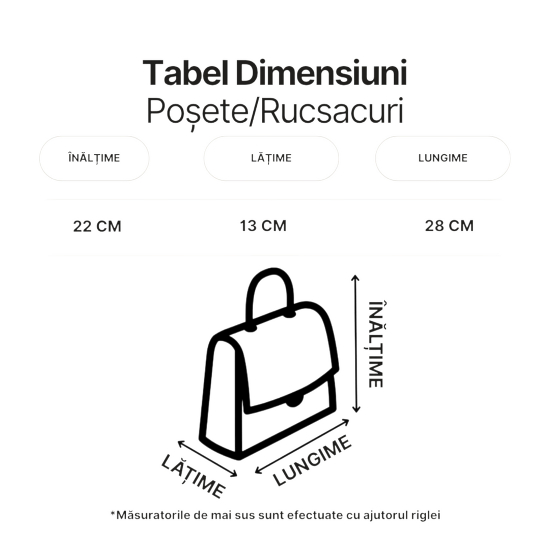 ada-shoes.ro size guide diagram for Anekke handbag showing height, width, and length dimensions in centimeters