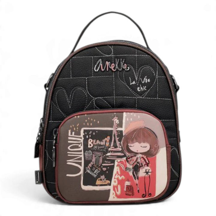 ada-shoes.ro Anekke Coeur de Paris convertible backpack in black faux leather with quilted heart stitching and Paris art