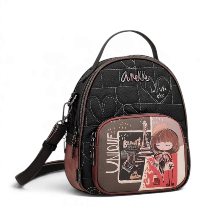 ada-shoes.ro Anekke Cœur de Paris convertible backpack and shoulder bag in black faux leather with heart embroidery