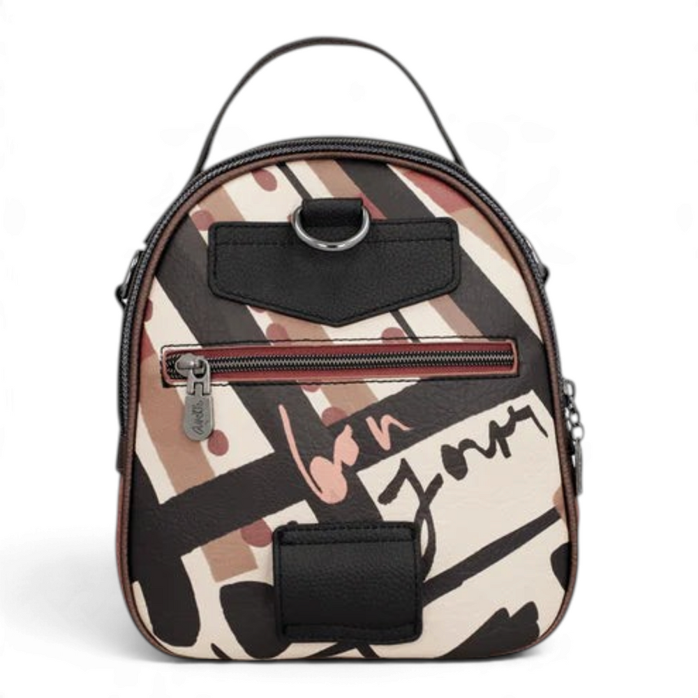ada-shoes.ro Anekke Cœur de Paris convertible backpack with striped pattern and Bonjour text in cream and brown