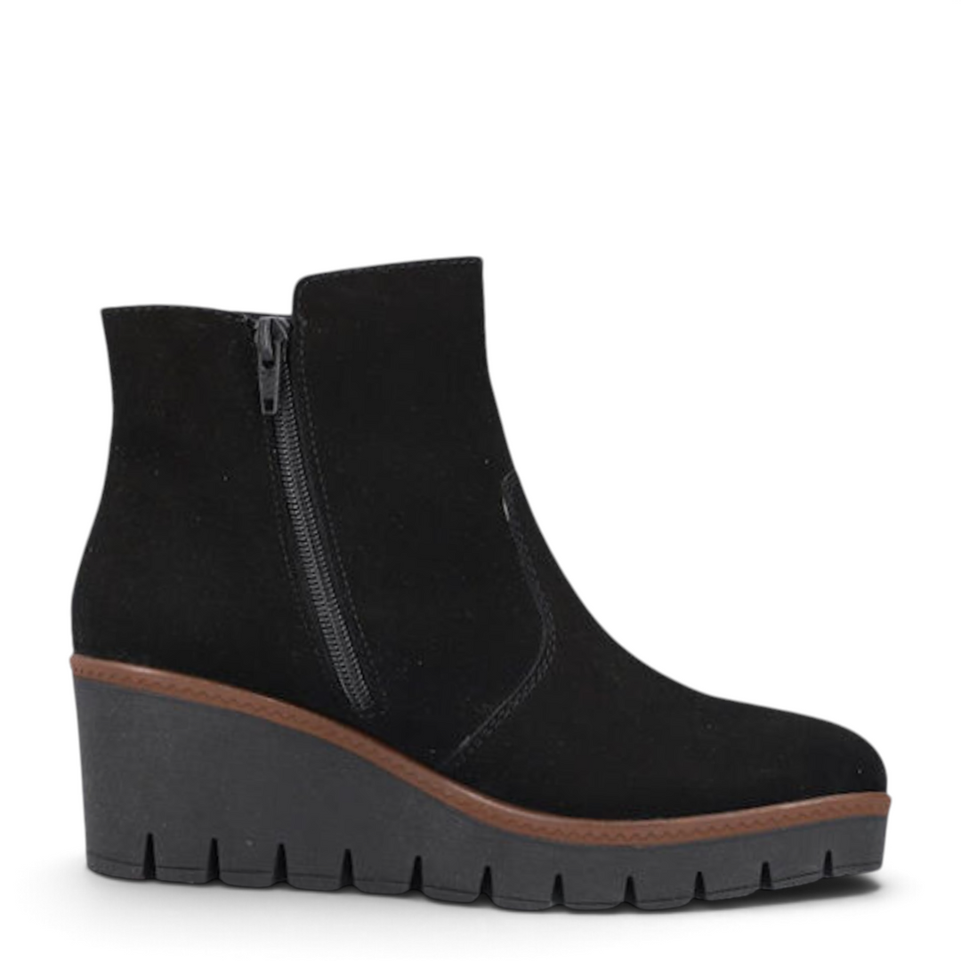 ada-shoes.ro Rieker black suede ankle boots with wedge platform sole and brown trim detail