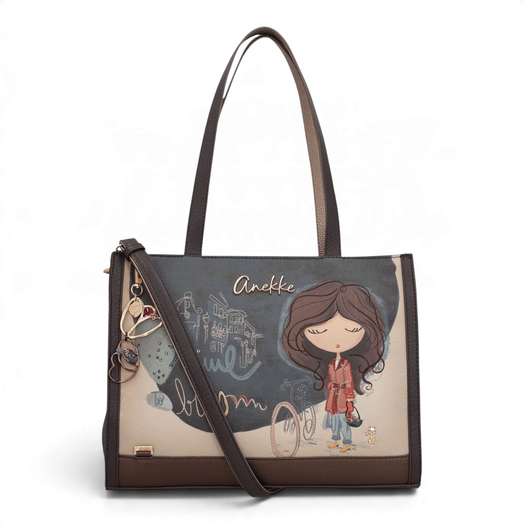 ada-shoes.ro Anekke Bloom shopper bag in beige and blue faux leather with artistic print and gold metal details