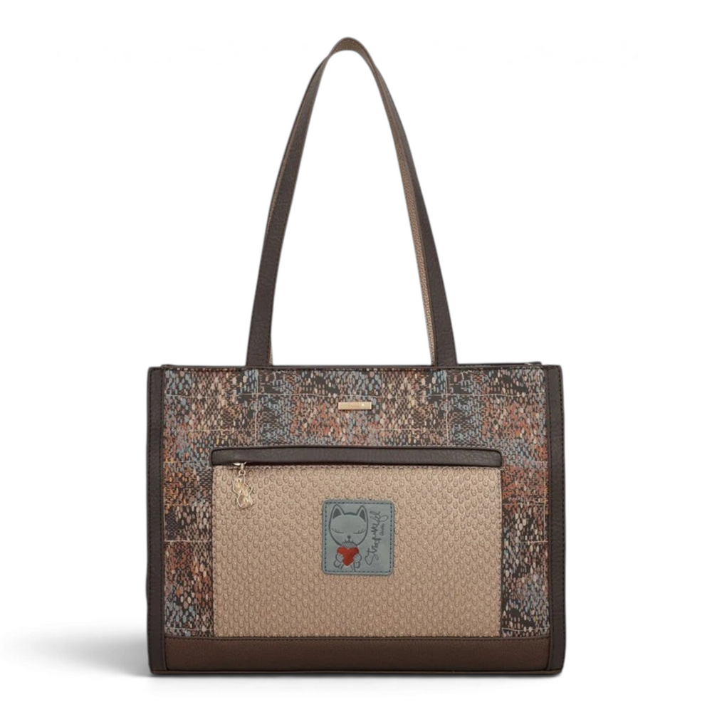 ada-shoes.ro Anekke Bloom shopper bag in beige and brown faux leather with artistic print and front zip pocket