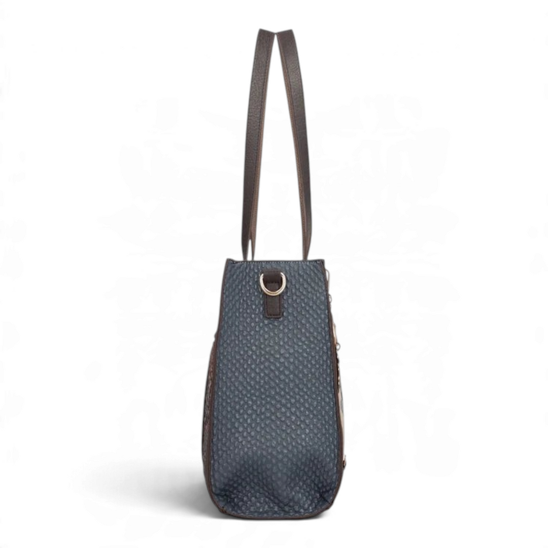 ada-shoes.ro Anekke Bloom shopper bag side view in blue textured faux leather with brown handles