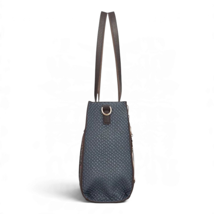 ada-shoes.ro Anekke Bloom shopper bag side view in blue textured faux leather with brown handles