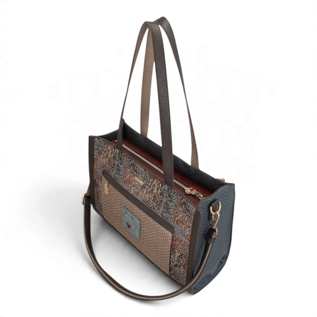 ada-shoes.ro Anekke Bloom shopper bag in beige and blue faux leather with artistic prints and gold metal details