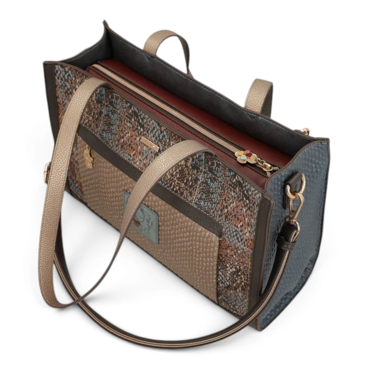 ada-shoes.ro Anekke Bloom shopper bag in beige and blue faux leather with artistic prints and gold metallic details