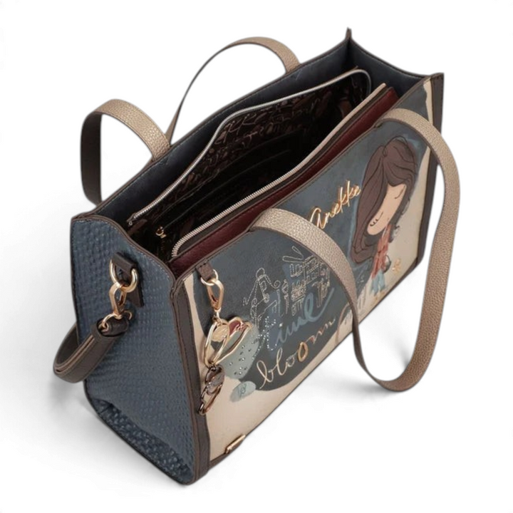 ada-shoes.ro Anekke Bloom shopper bag in blue and beige faux leather with artistic print and gold metal details