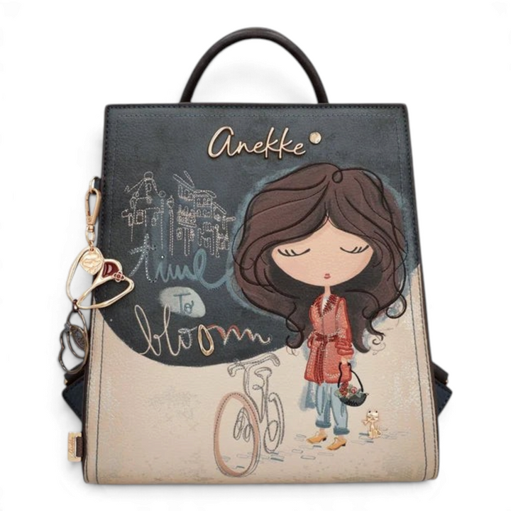 ada-shoes.ro Anekke Bloom backpack featuring artistic character illustration, embroidery, and gold metallic accents.