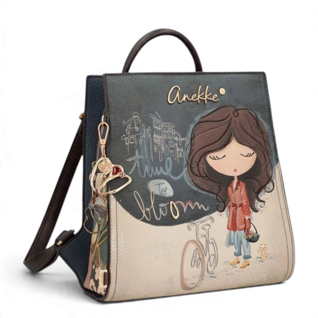 ada-shoes.ro Anekke Bloom backpack in beige and dark blue faux leather with artistic character illustration