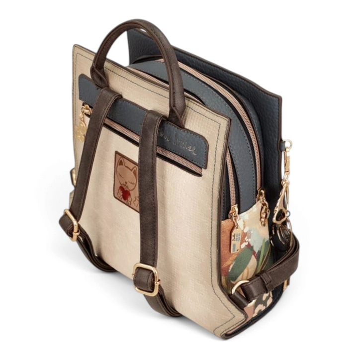 ada-shoes.ro Anekke Bloom backpack in beige and grey faux leather with artistic illustrations and gold metal accents