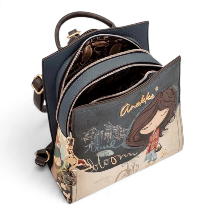 ada-shoes.ro Anekke Bloom backpack in blue and beige faux leather with artistic character illustration and dual zippers