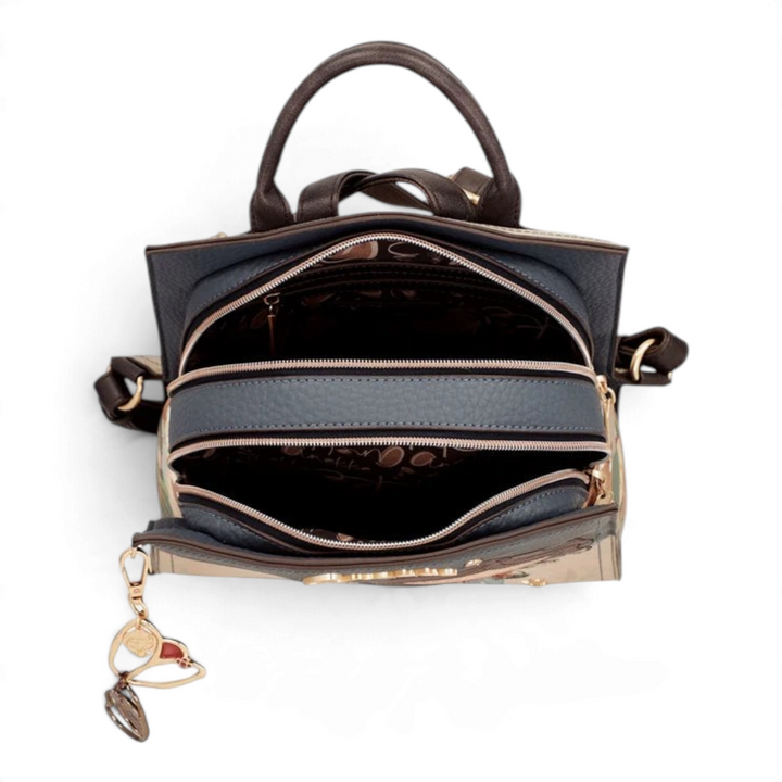 ada-shoes.ro Anekke Bloom backpack with dual zippered compartments, top handle, and decorative gold metal charm