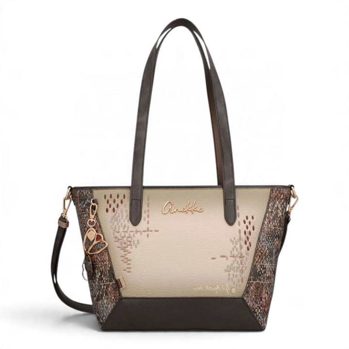 ada-shoes.ro Anekke Core shopper bag in beige and brown with artistic side prints, gold details, and shoulder straps