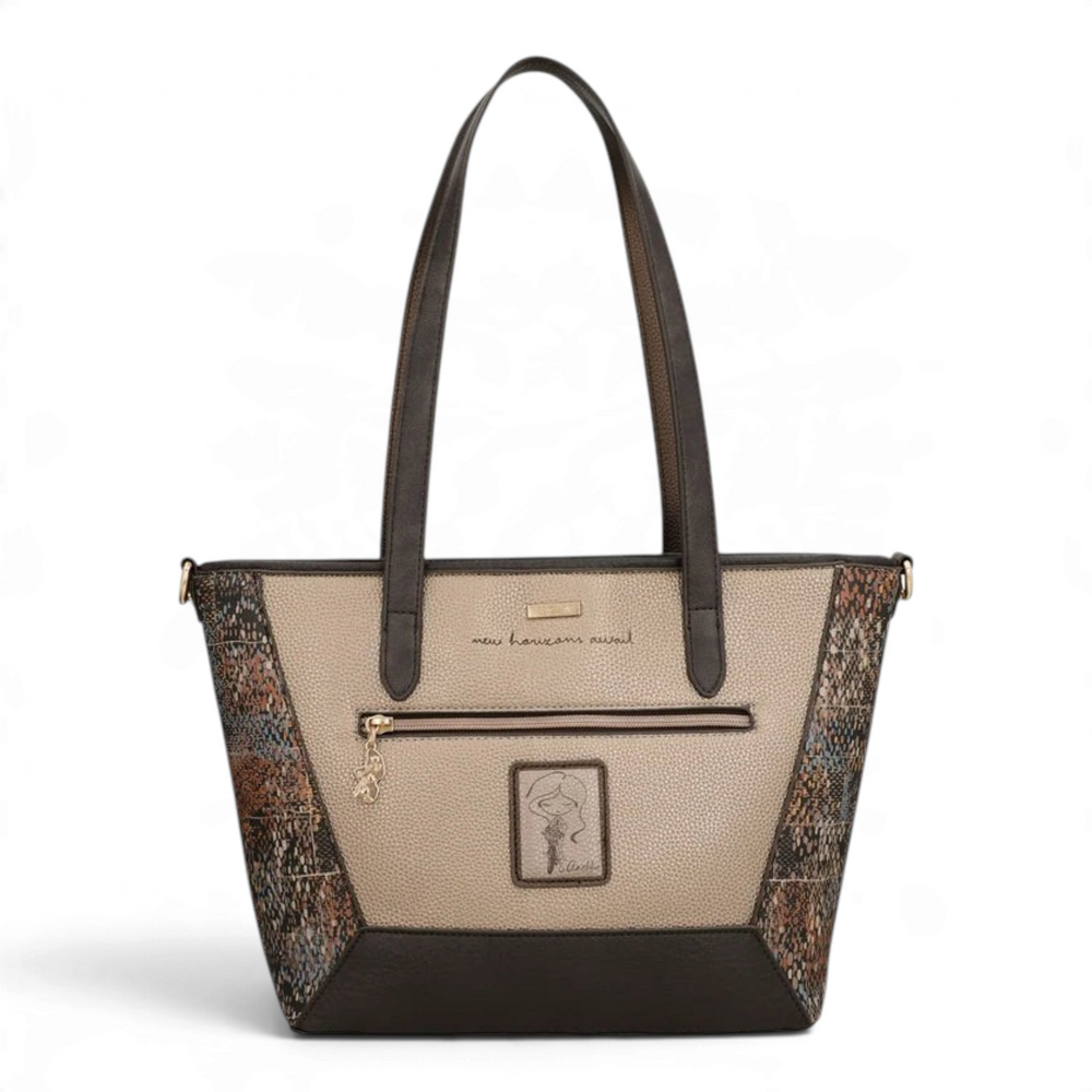 ada-shoes.ro Anekke Core shopper bag in beige and brown with artistic side panels, gold hardware, and shoulder straps.