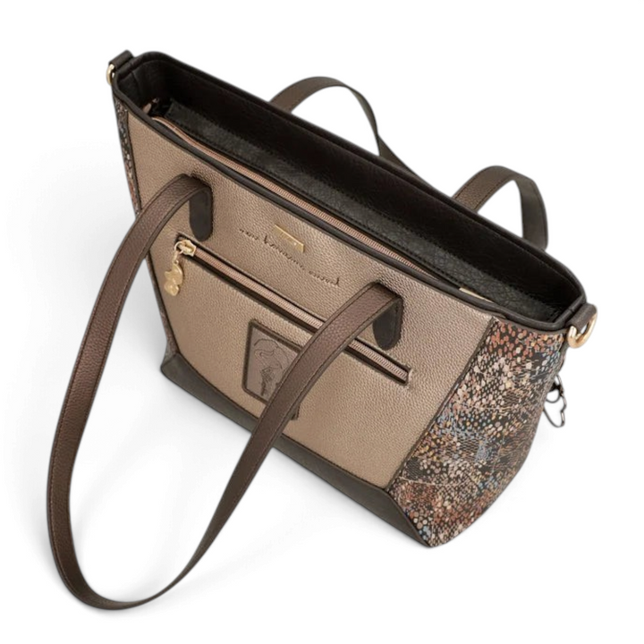 ada-shoes.ro Anekke Core shopper bag in beige and bronze with artistic side prints, gold details, and shoulder straps.