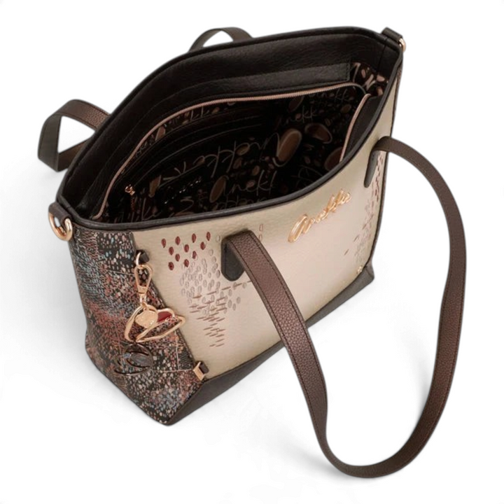 ada-shoes.ro Anekke Core shopper bag in beige and brown with artistic side prints, gold details, and shoulder straps.