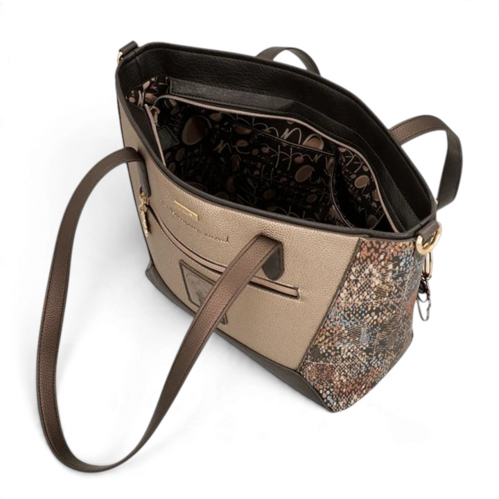 ada-shoes.ro Anekke Core shopper bag in beige and bronze with artistic side prints, gold hardware, and shoulder straps