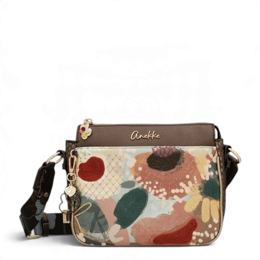 ada-shoes.ro Anekke Core crossbody bag with floral embroidery, metallic gold accents, and a wide jacquard strap.