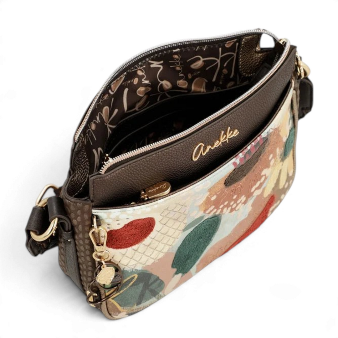 ada-shoes.ro Anekke Core crossbody bag with floral embroidery, brown leather-look trim, and gold metal details.