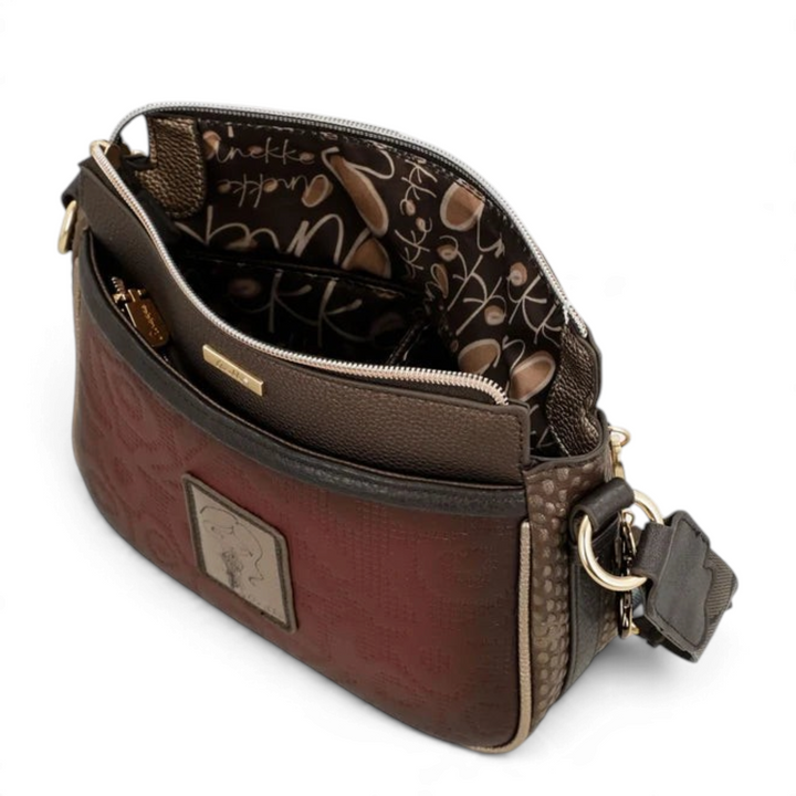 ada-shoes.ro Anekke Core crossbody bag in bordeaux and brown with open top, patterned lining, and gold hardware.
