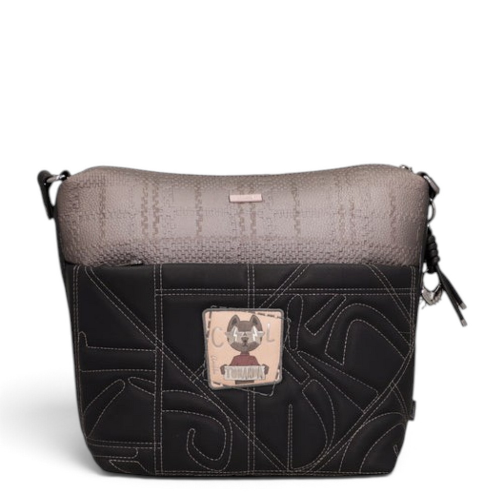 ada-shoes.ro Anekke crossbody bag in black and brown with decorative stitching, front pocket, and unique graphic patch.