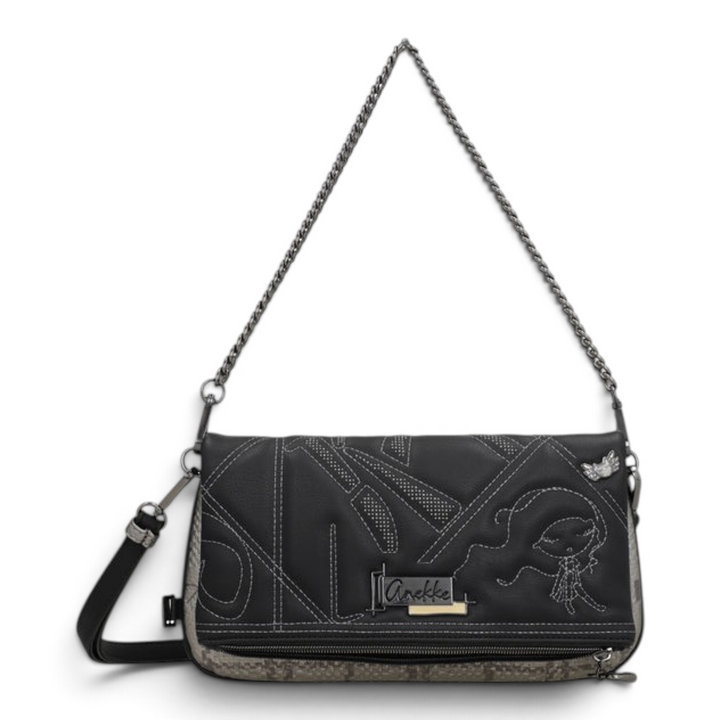 ada-shoes.ro Anekke Iron crossbody bag in black with decorative chain strap, embroidered details, and flap design.