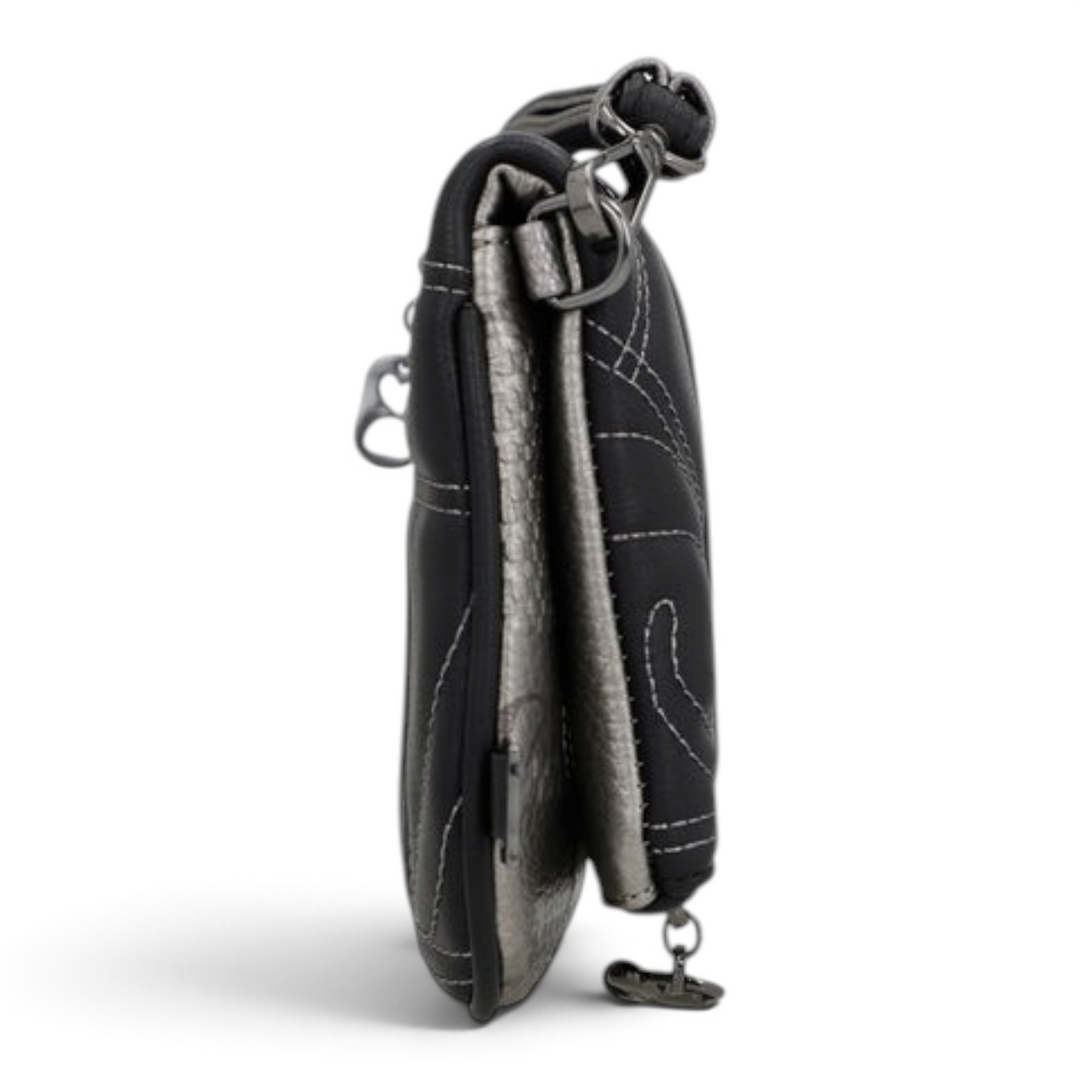 ada-shoes.ro Anekke Iron crossbody bag in black and metallic grey with a slim, foldable design and decorative chain