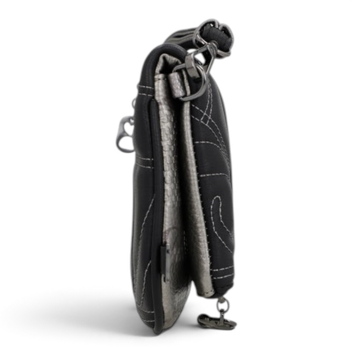 ada-shoes.ro Anekke Iron crossbody bag in black and metallic grey with a slim, foldable design and decorative chain