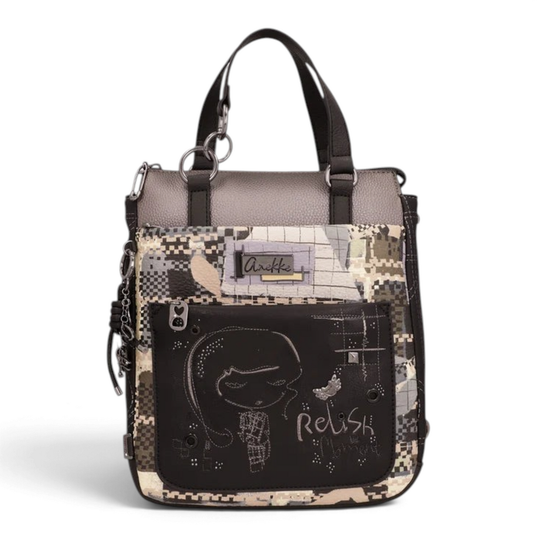 ada-shoes.ro Anekke convertible backpack in grey and black faux leather with geometric mosaic print and front pocket