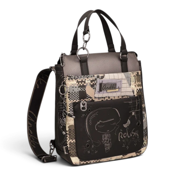 ada-shoes.ro Anekke convertible backpack and handbag in grey and black with geometric mosaic print and logo details