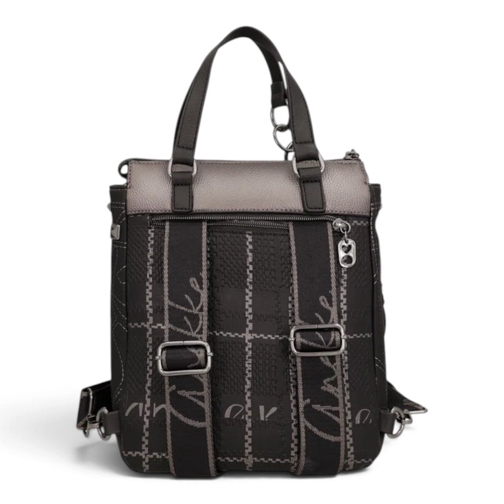 ada-shoes.ro Anekke convertible backpack in black and metallic grey with geometric pattern and adjustable straps