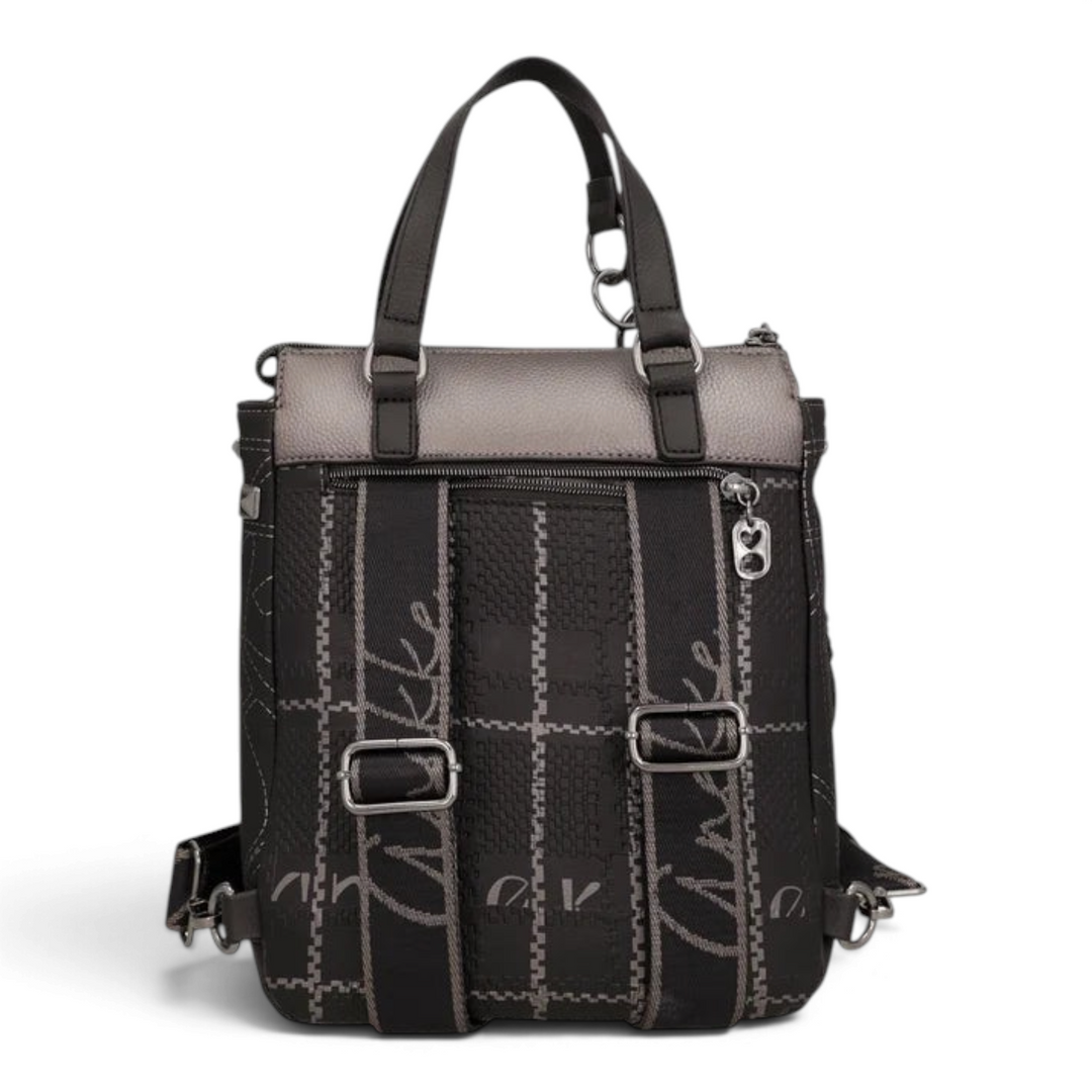 ada-shoes.ro Anekke convertible backpack in black and metallic grey with geometric pattern and adjustable straps